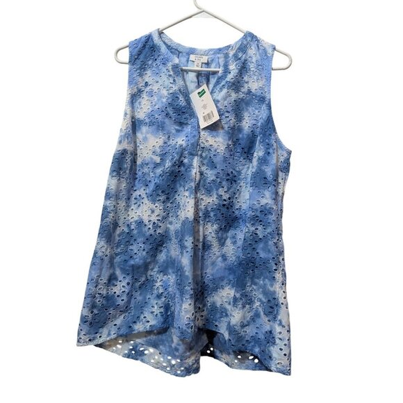 Crown & Ivy Blue & White Tie-Dye Sleeveless Top 1X  With Eyelet Design 100% Cott - Picture 3 of 10